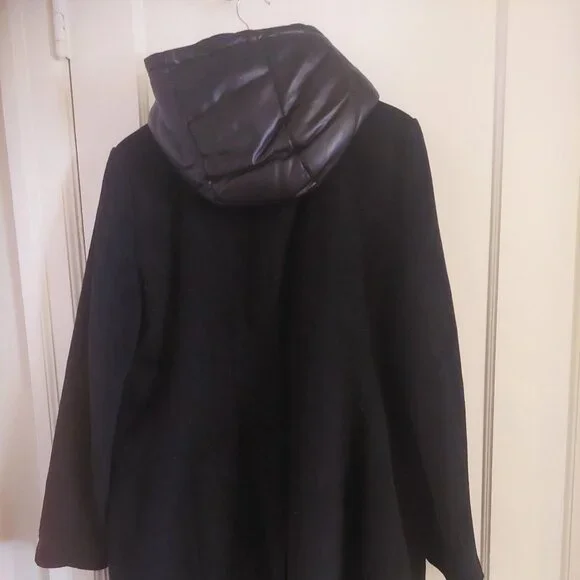 NWT DKNY Black Wool Faux Leather Hooded Bibbed Mixed-Media Blazer Coat XL - Picture 4 of 8